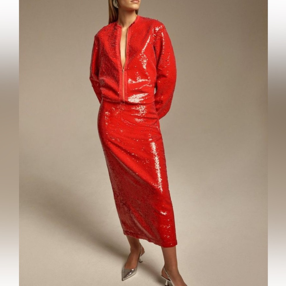Karen Millen Red Sequin Midi Skirt